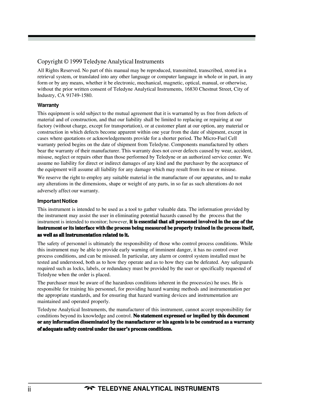 Teledyne 3160 manual Copyright 1999 Teledyne Analytical Instruments 