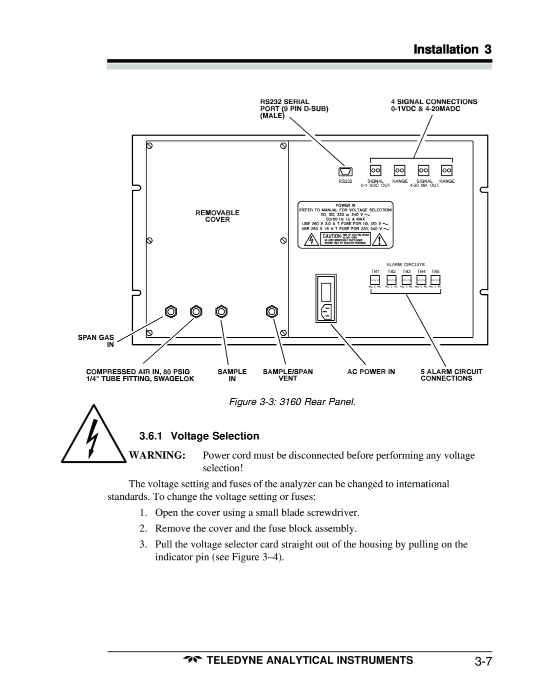 Teledyne 3160 manual Voltage Selection, Rear Panel 