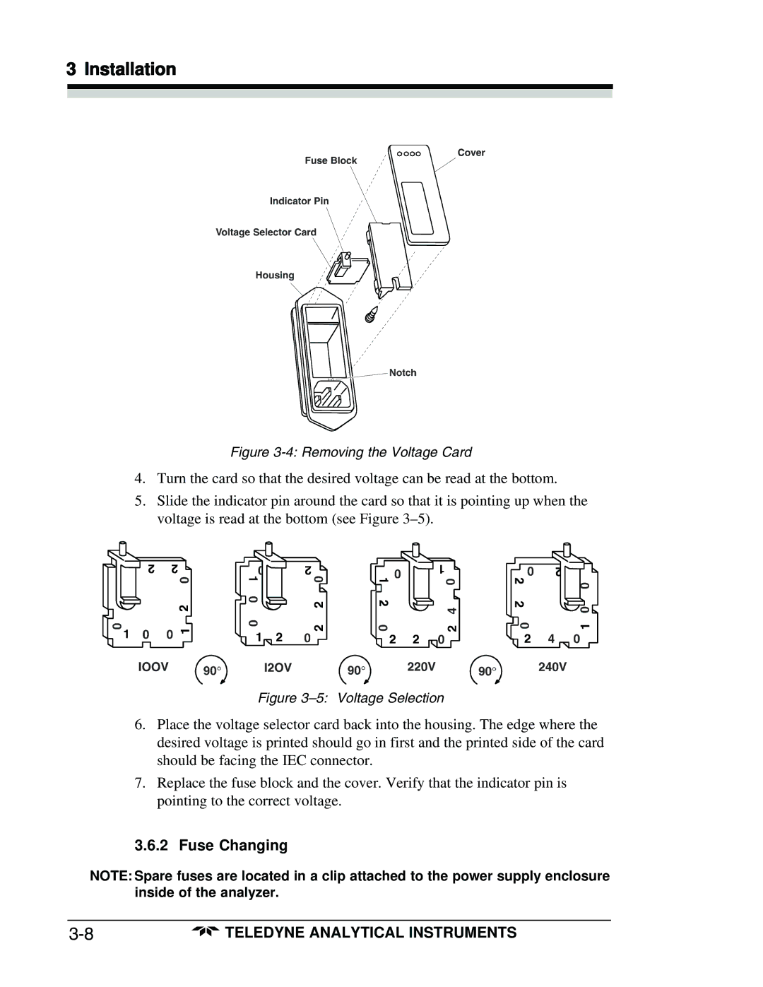 Teledyne 3160 manual Fuse Changing, Removing the Voltage Card 