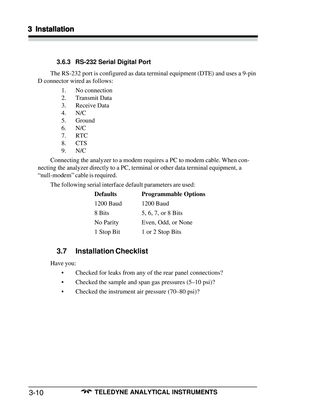 Teledyne 3160 manual Installation Checklist, 3 RS-232 Serial Digital Port 