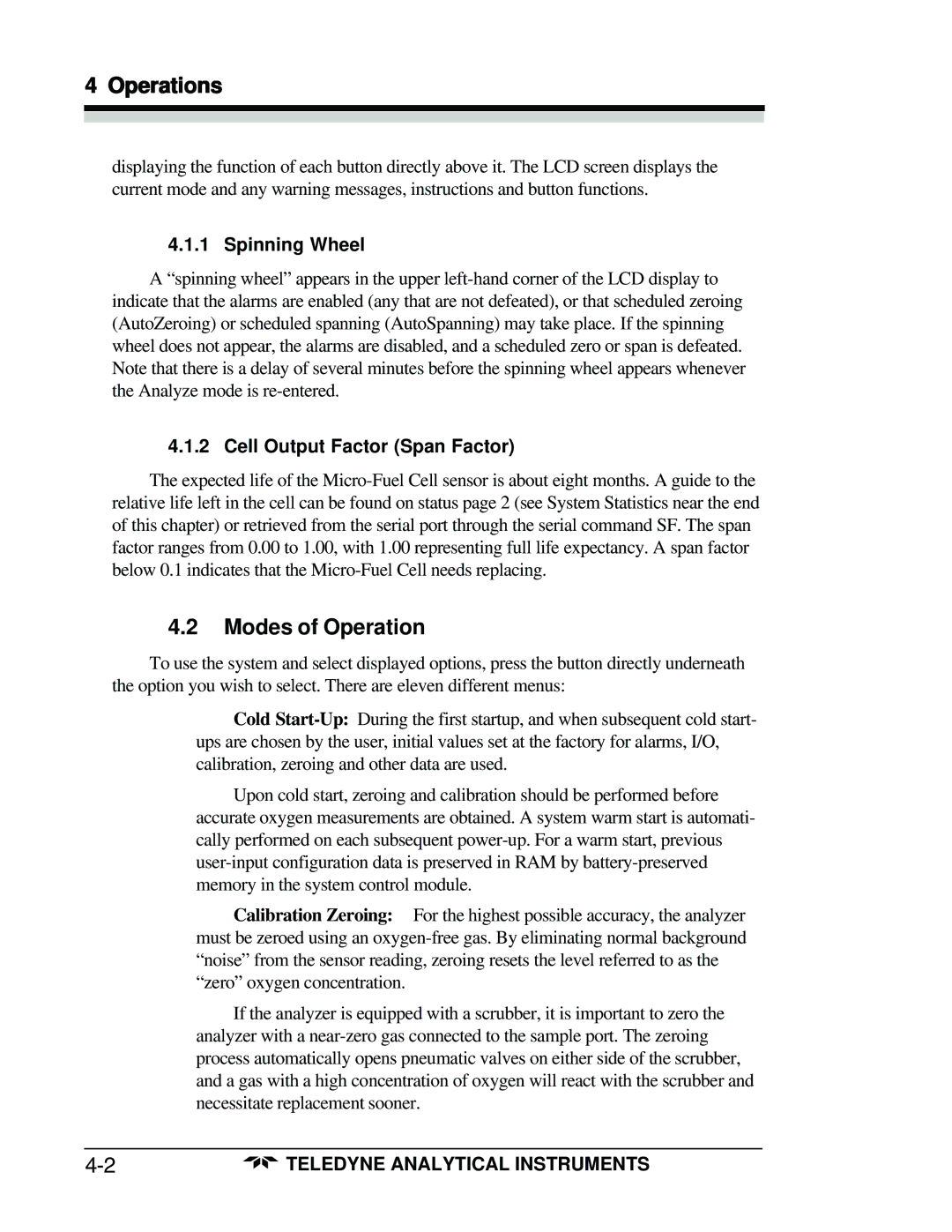 Teledyne 3160 manual Modes of Operation, Spinning Wheel, Cell Output Factor Span Factor 