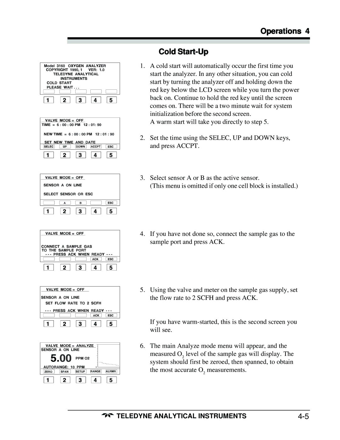 Teledyne 3160 manual Operations Cold Start-Up 