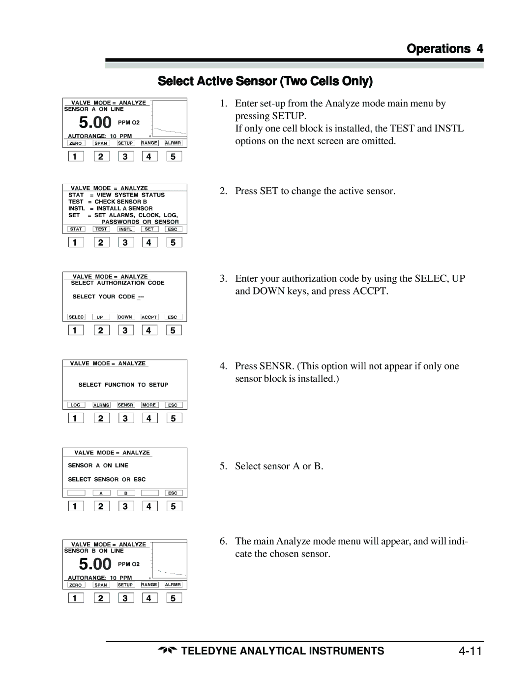 Teledyne 3160 manual Operations Select Active Sensor Two Cells Only 