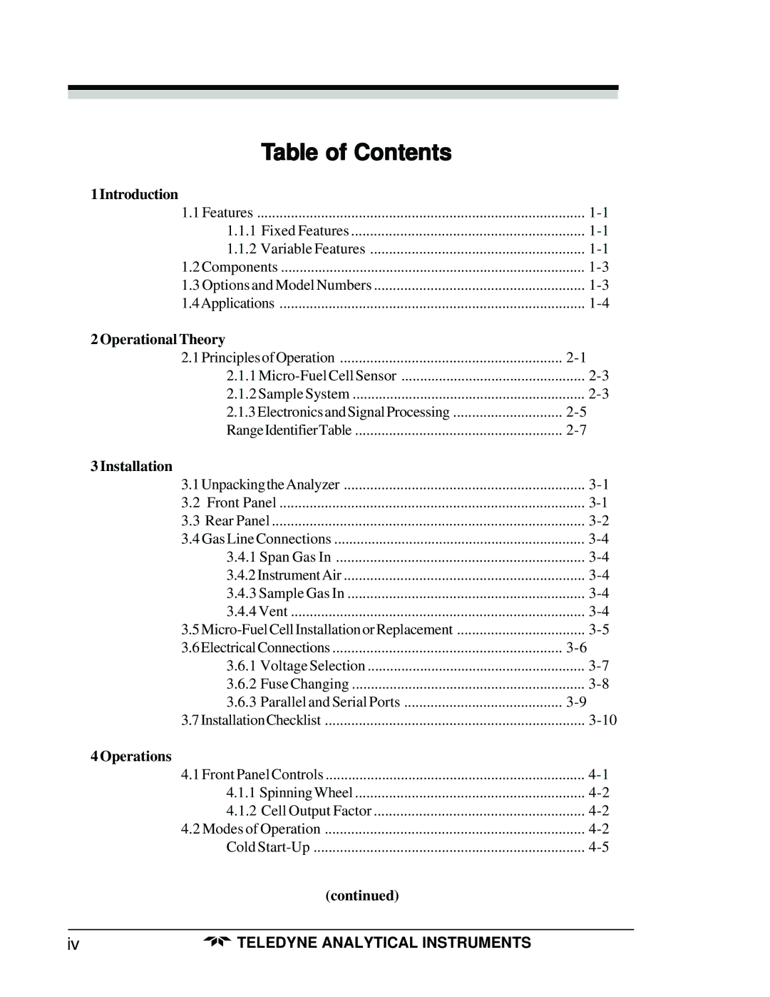 Teledyne 3160 manual Table of Contents 