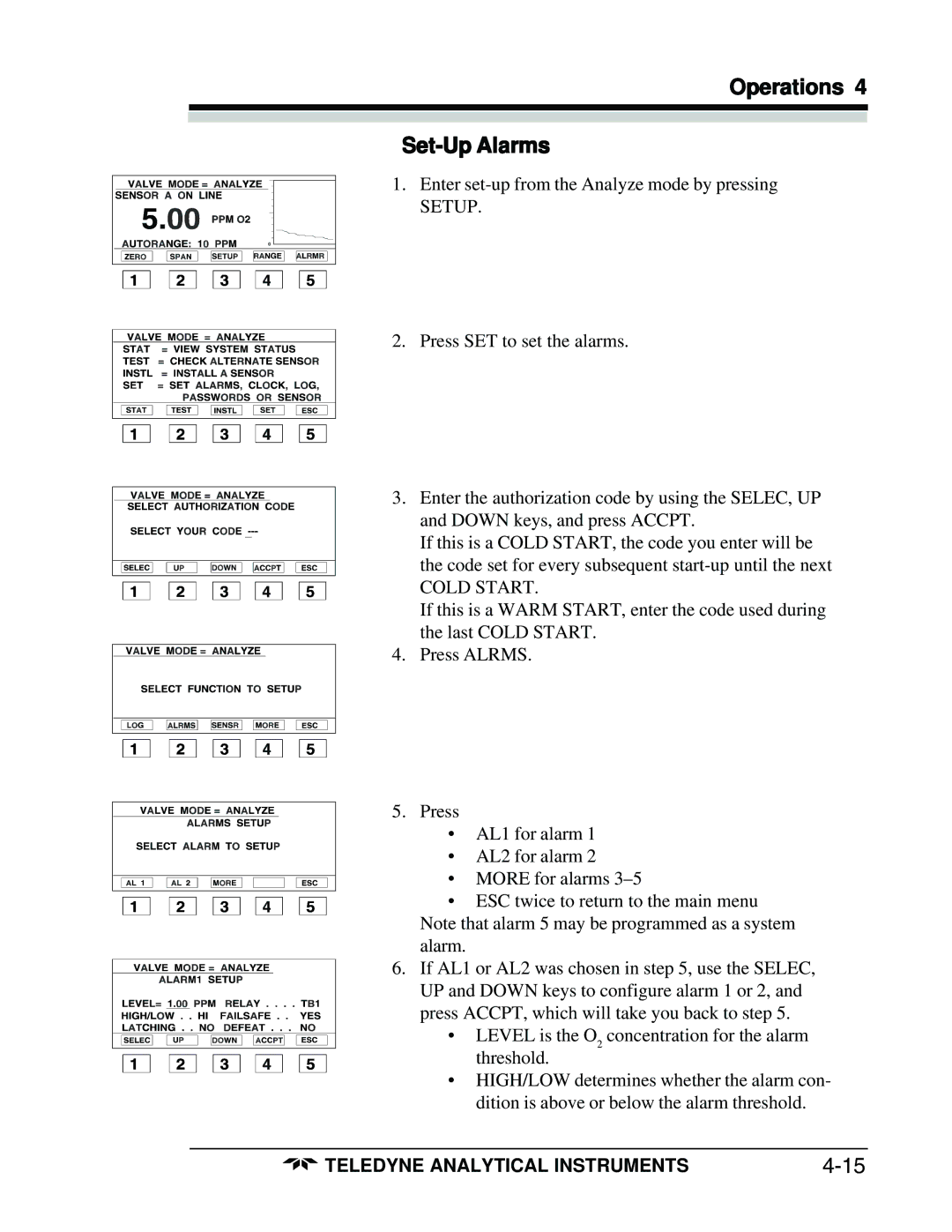 Teledyne 3160 manual Operations Set-Up Alarms, Cold Start 