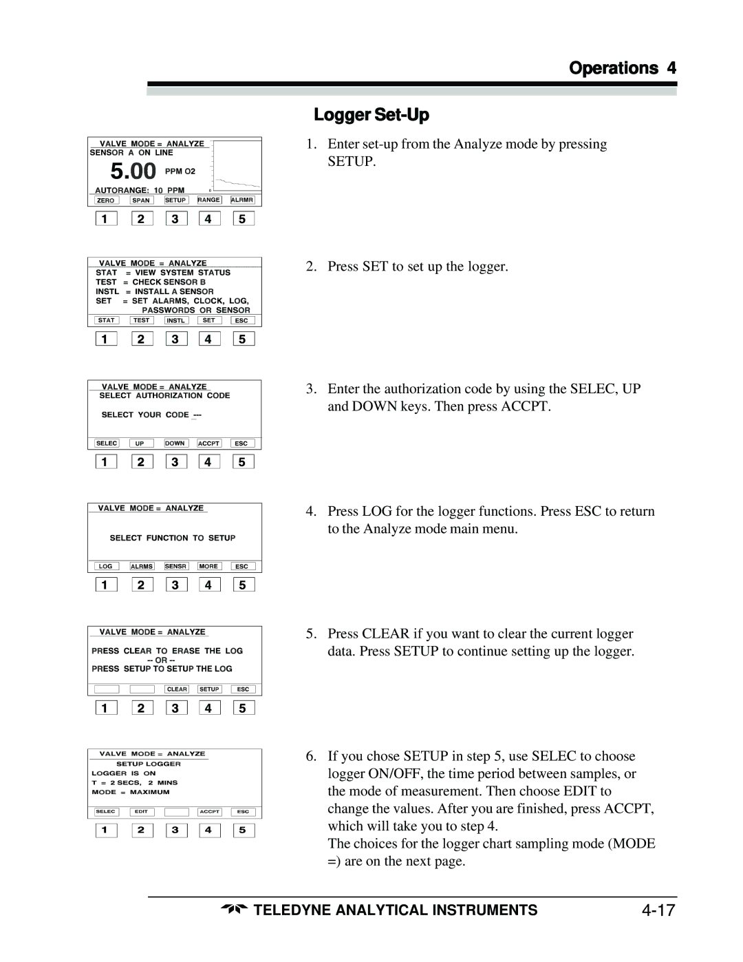 Teledyne 3160 manual Operations Logger Set-Up 