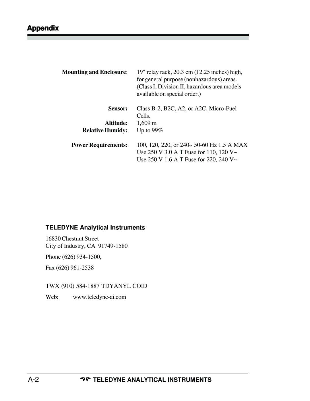 Teledyne 3160 manual Altitude 1,609 m Relative Humidy Up to 99%, Teledyne Analytical Instruments 