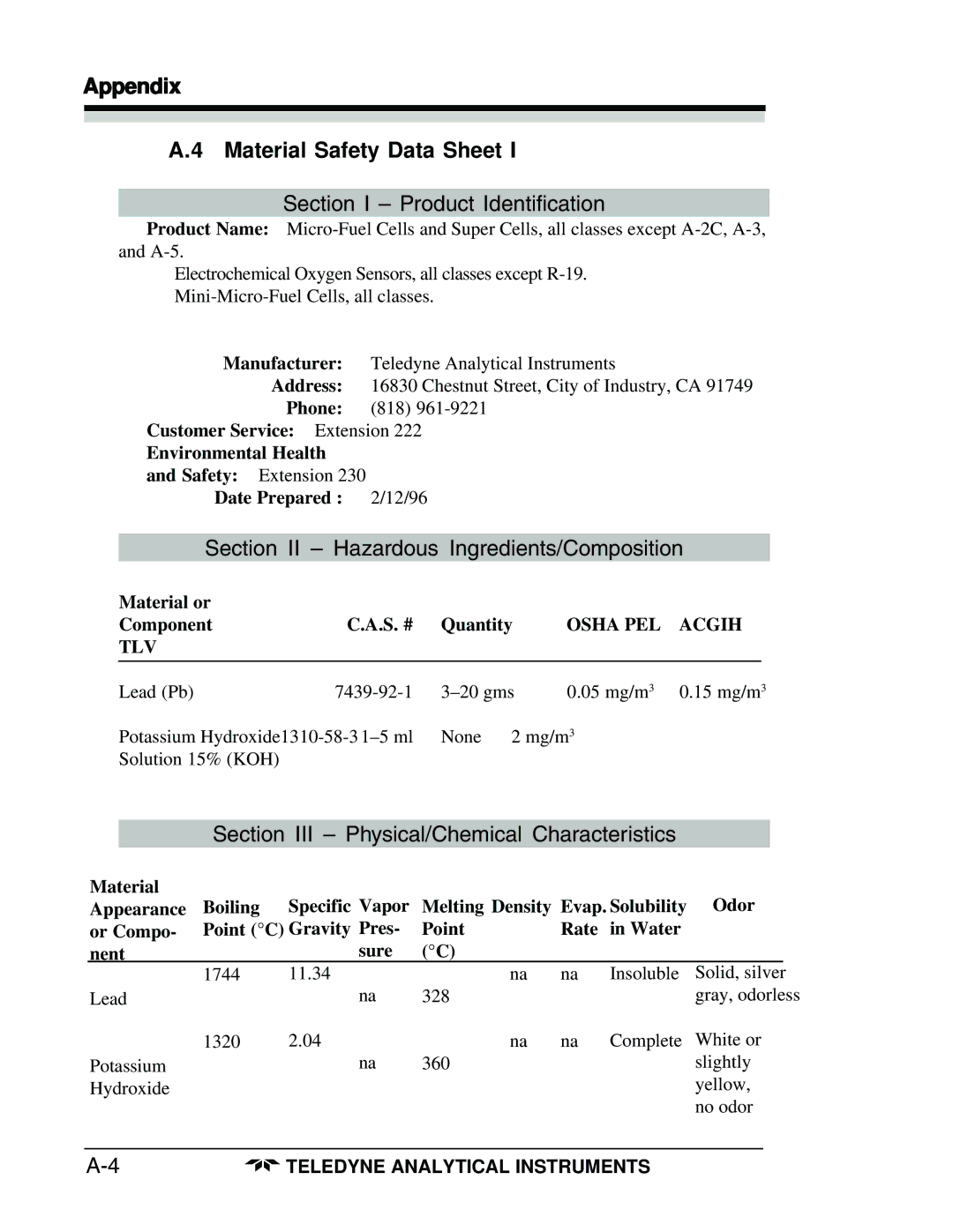 Teledyne 3160 Appendix Material Safety Data Sheet, Customer Service Extension Environmental Health, Date Prepared 2/12/96 