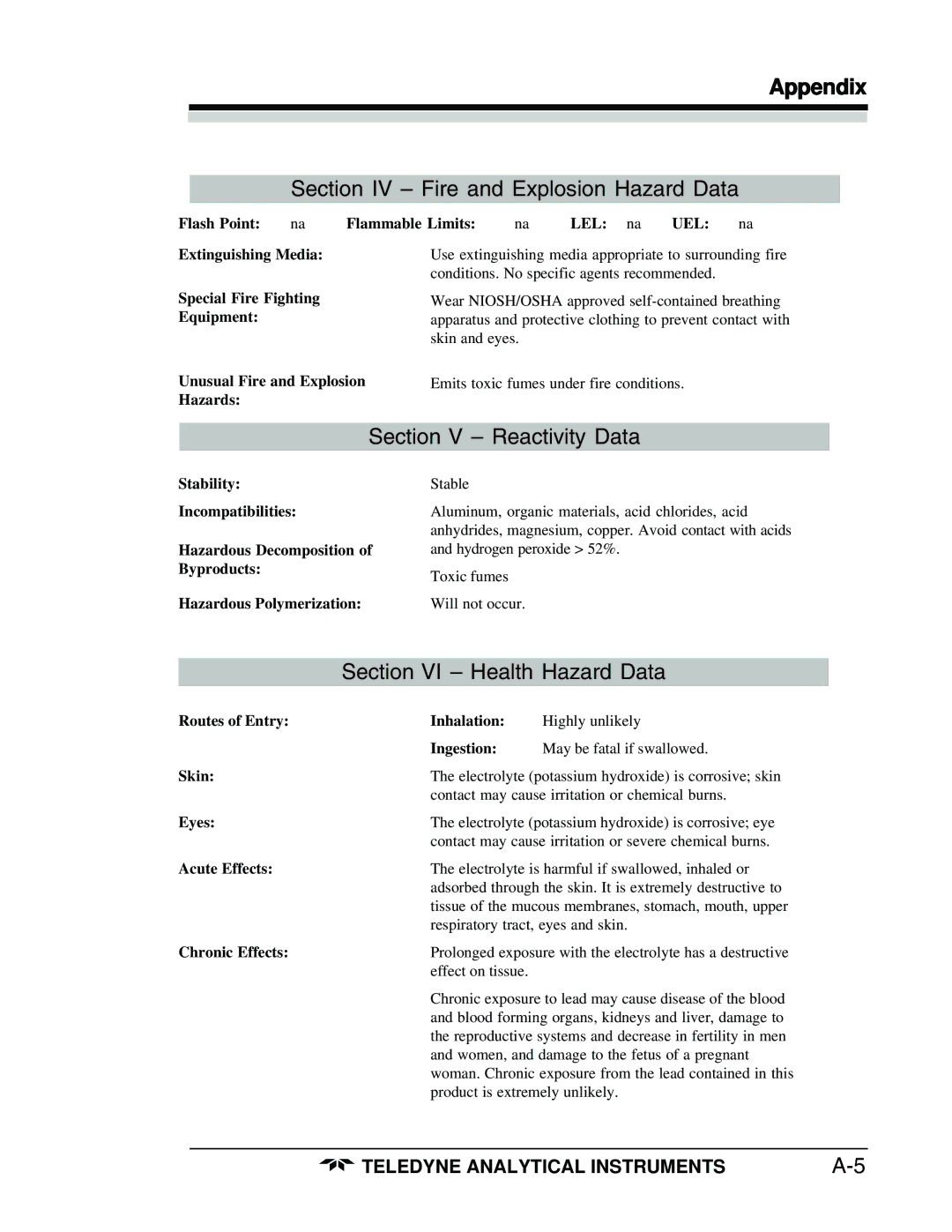 Teledyne 3160 manual Section IV Fire and Explosion Hazard Data 