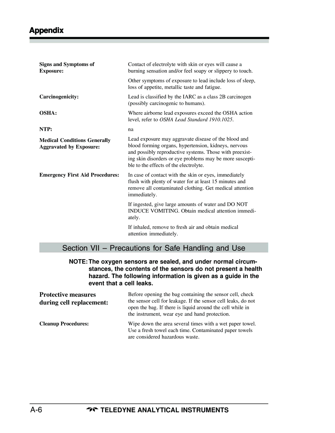 Teledyne 3160 manual Protective measures during cell replacement, Exposure 