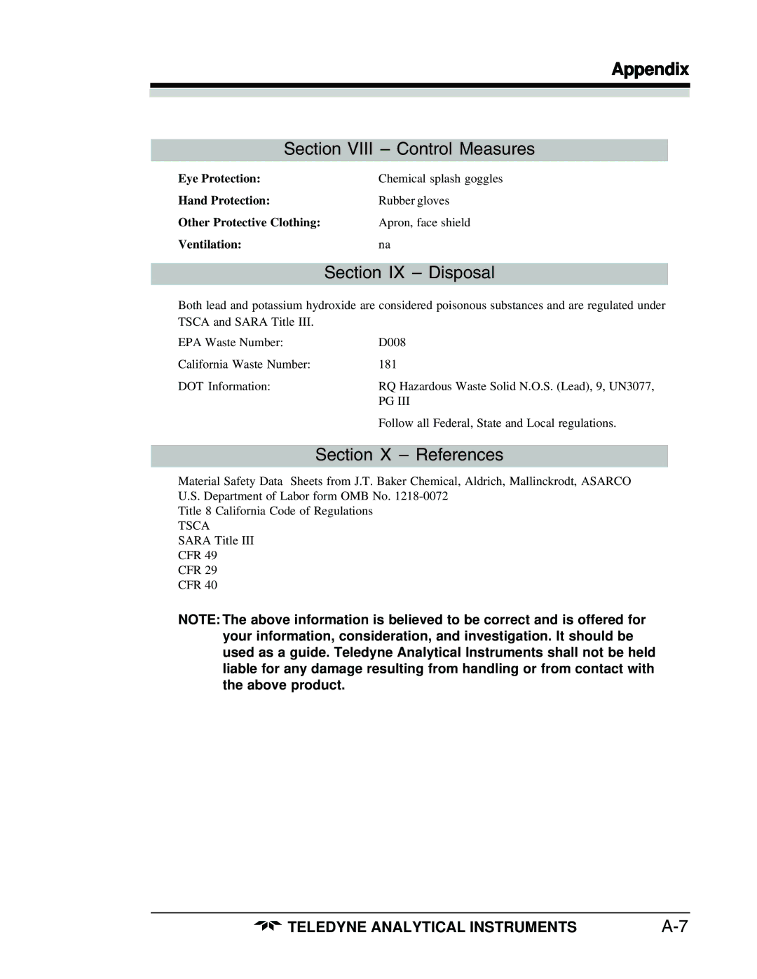 Teledyne 3160 manual Section Viii Control Measures 