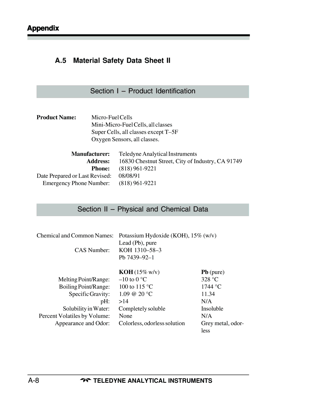 Teledyne 3160 manual Product Name, Manufacturer, Address, Phone 