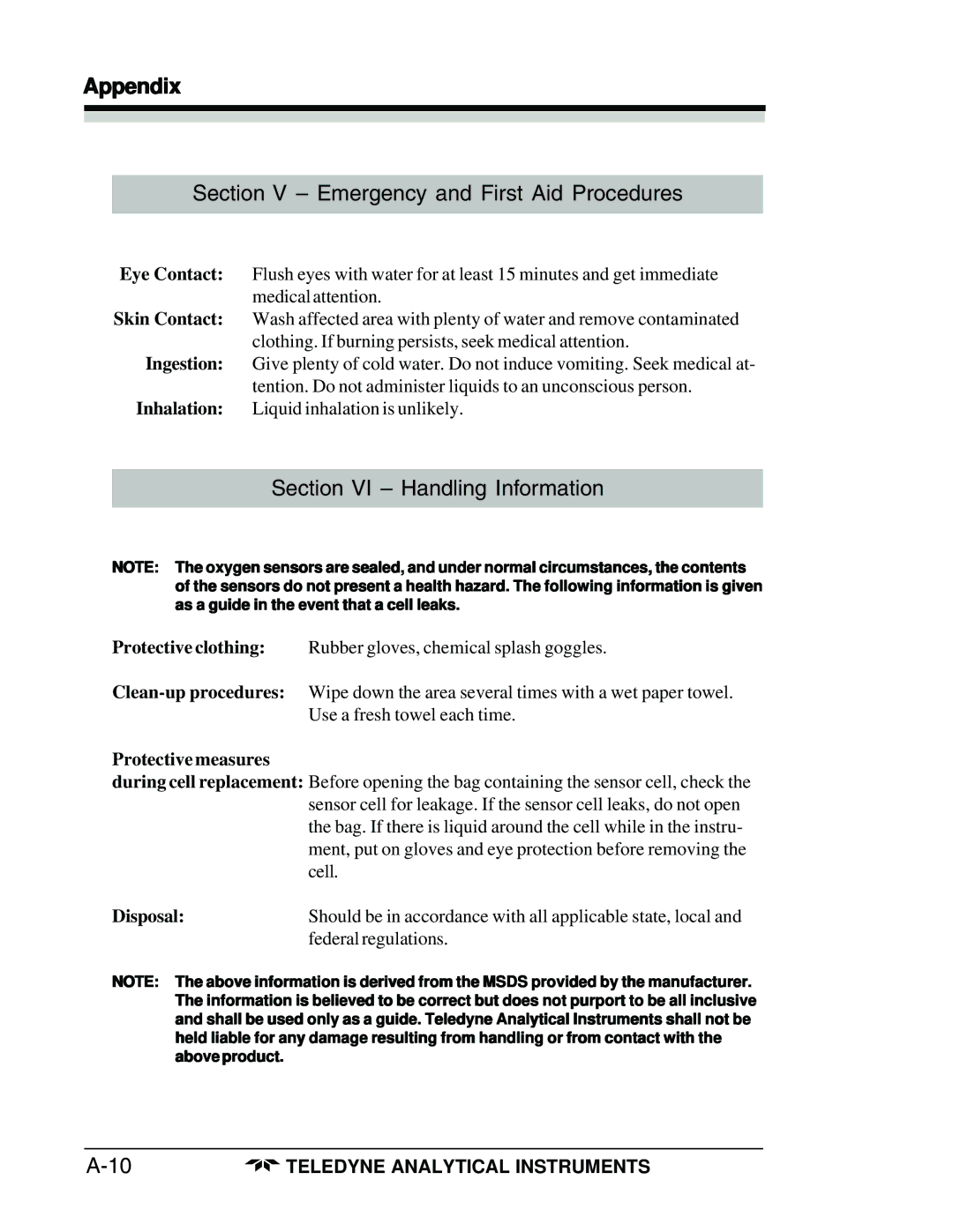 Teledyne 3160 manual Protective measures, Disposal 