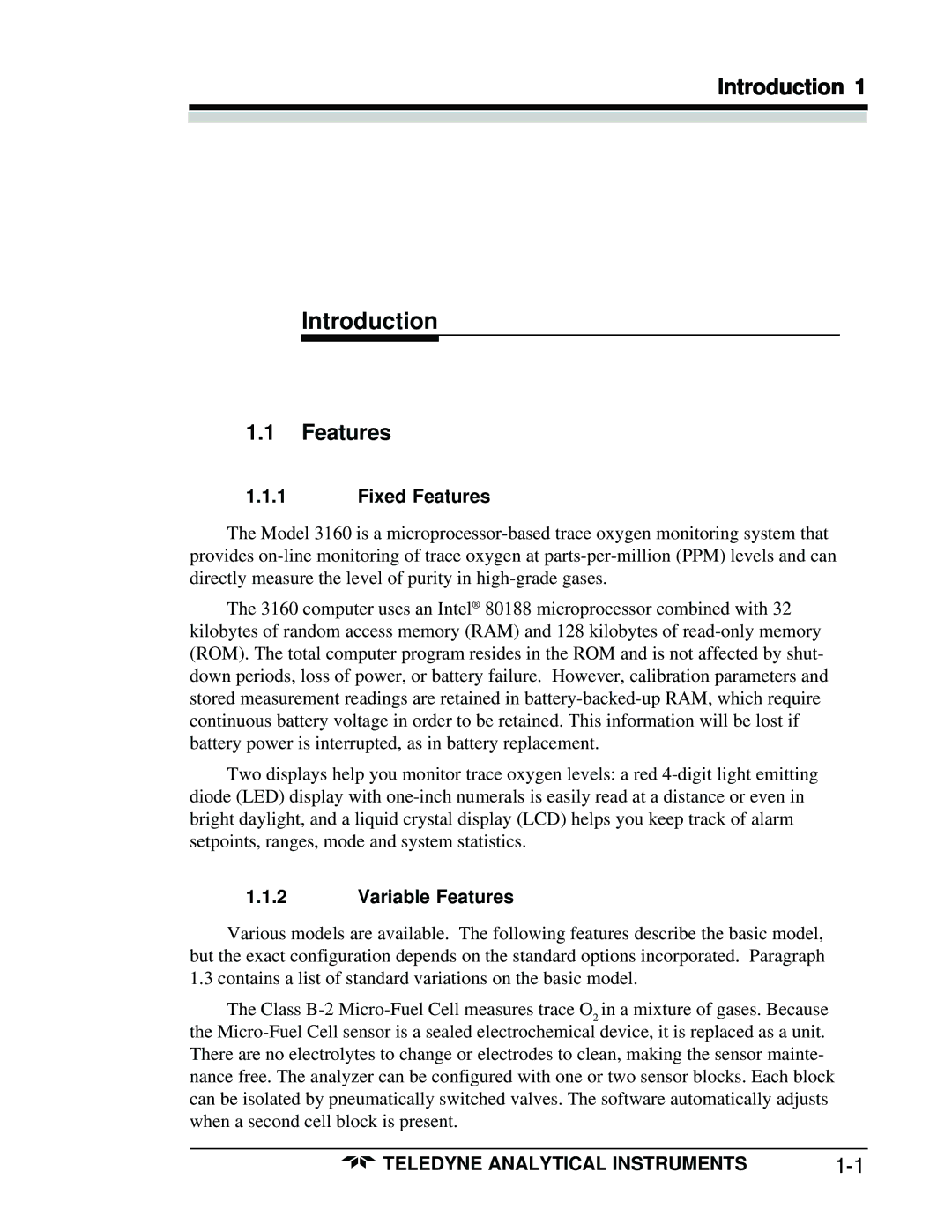 Teledyne 3160 manual Introduction, Fixed Features, Variable Features 