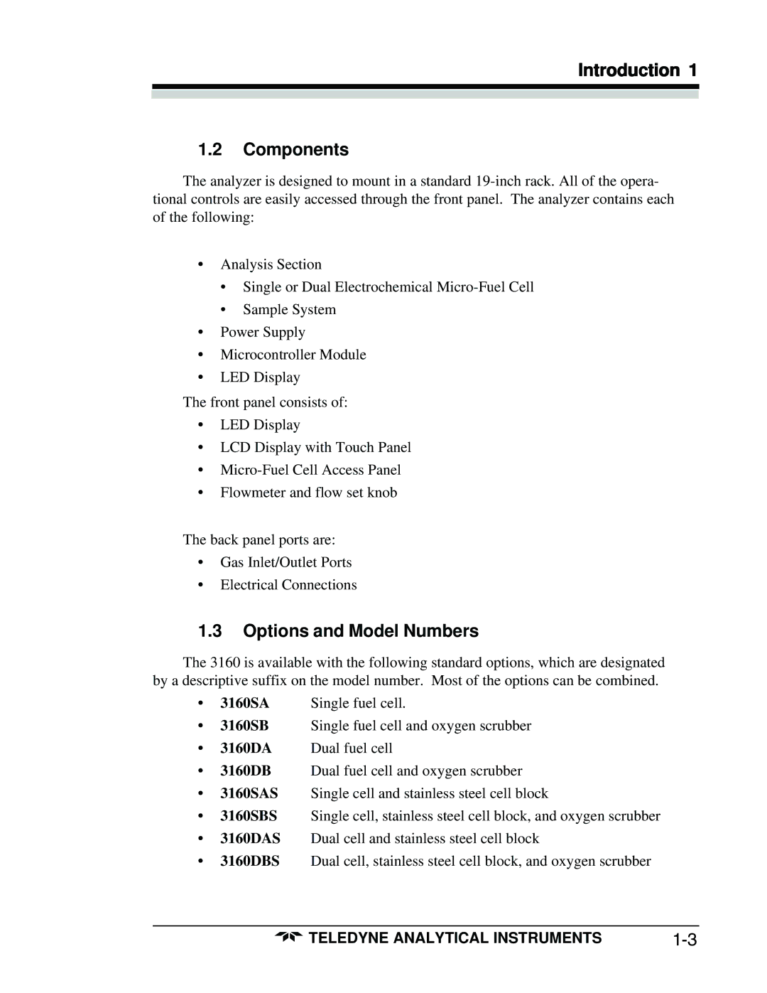 Teledyne manual Introduction Components, Options and Model Numbers, 3160DA Dual fuel cell 