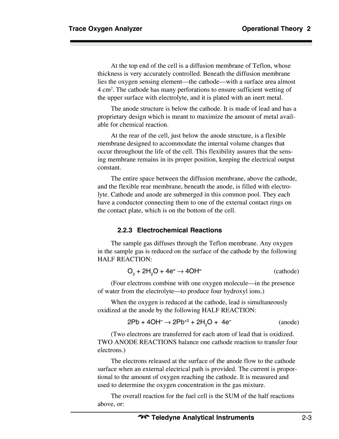 Teledyne 3190 manual Electrochemical Reactions, + 2H 2O + 4e → 4OH 