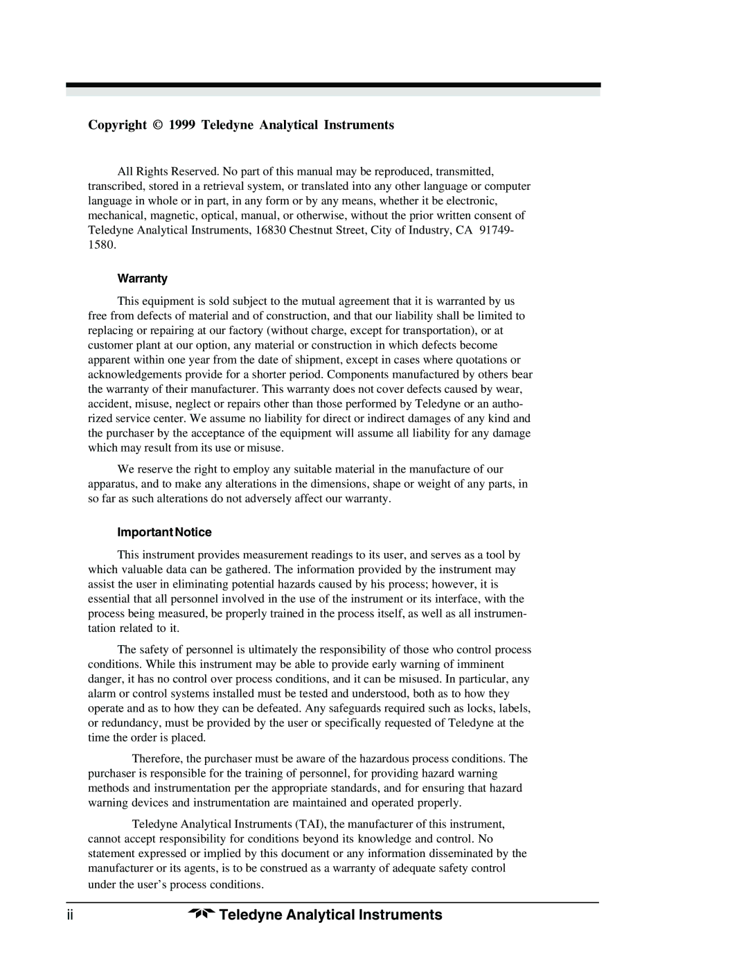 Teledyne 3190 manual Copyright 1999 Teledyne Analytical Instruments 