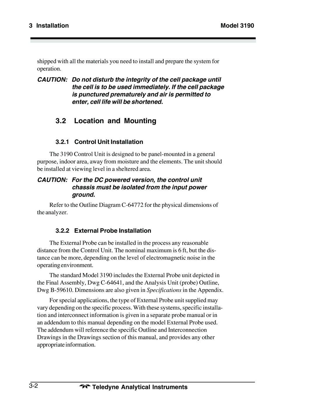 Teledyne 3190 manual Location and Mounting, Installation Model, Control Unit Installation, External Probe Installation 