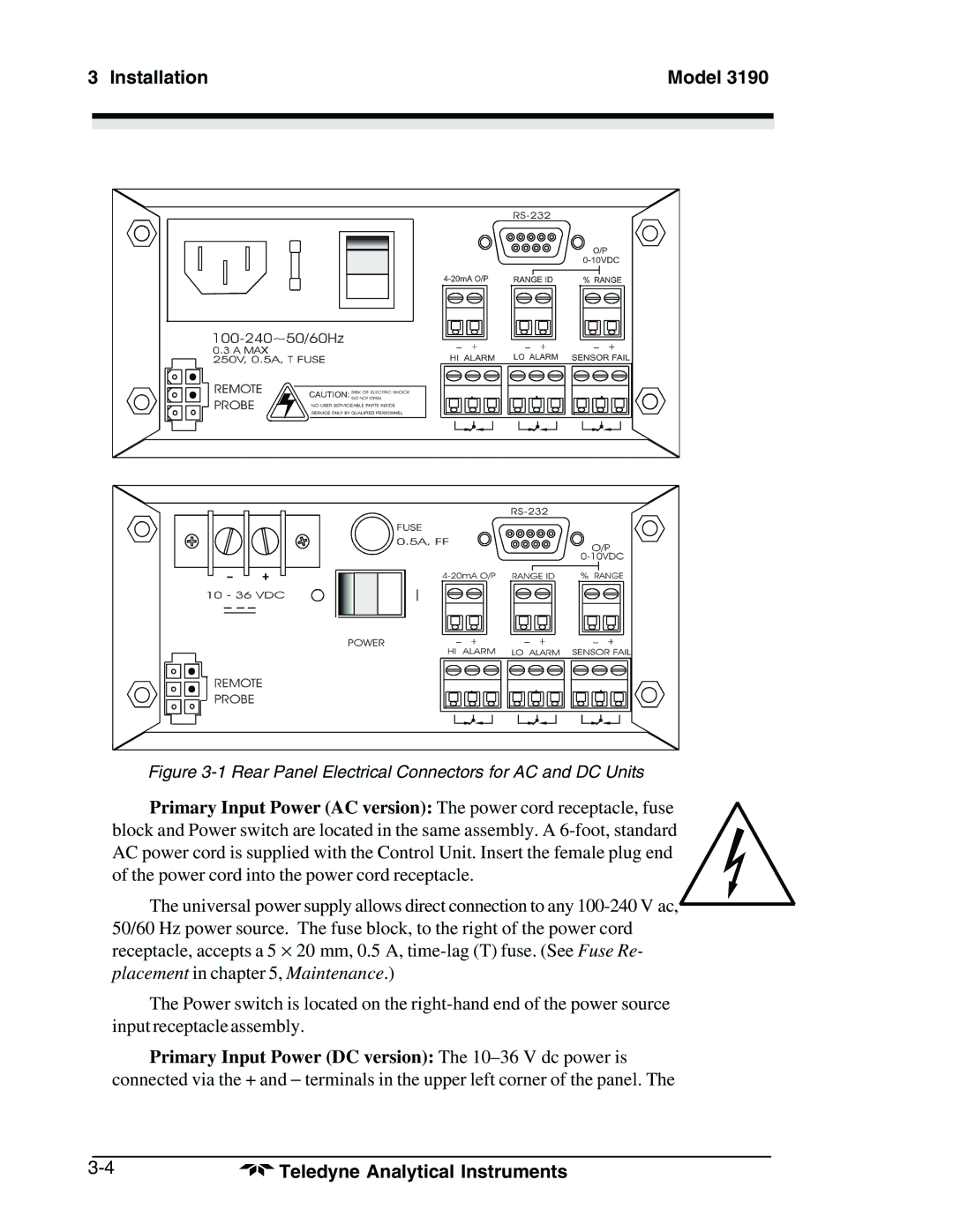 Teledyne 3190 manual Rear Panel Electrical Connectors for AC and DC Units 