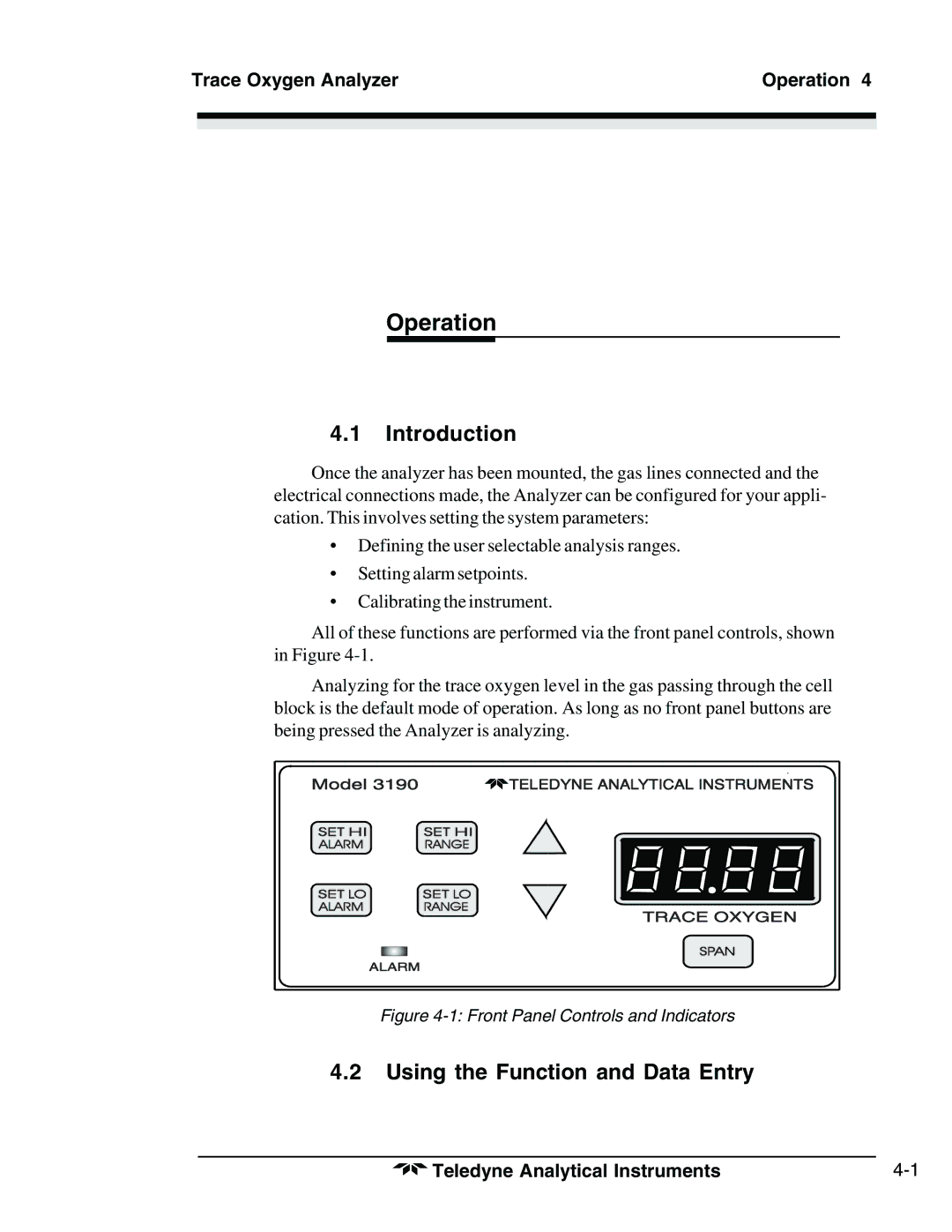 Teledyne 3190 manual Using the Function and Data Entry, Trace Oxygen Analyzer Operation 