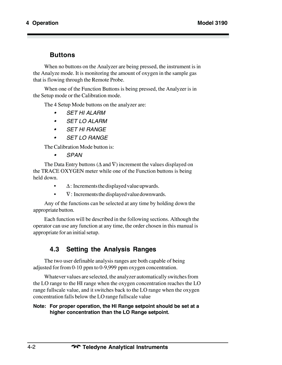 Teledyne 3190 manual Buttons, Setting the Analysis Ranges, Operation Model 