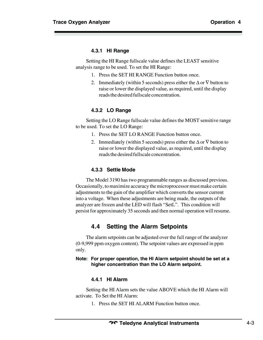 Teledyne 3190 manual Setting the Alarm Setpoints, Trace Oxygen Analyzer Operation HI Range, LO Range, Settle Mode, HI Alarm 
