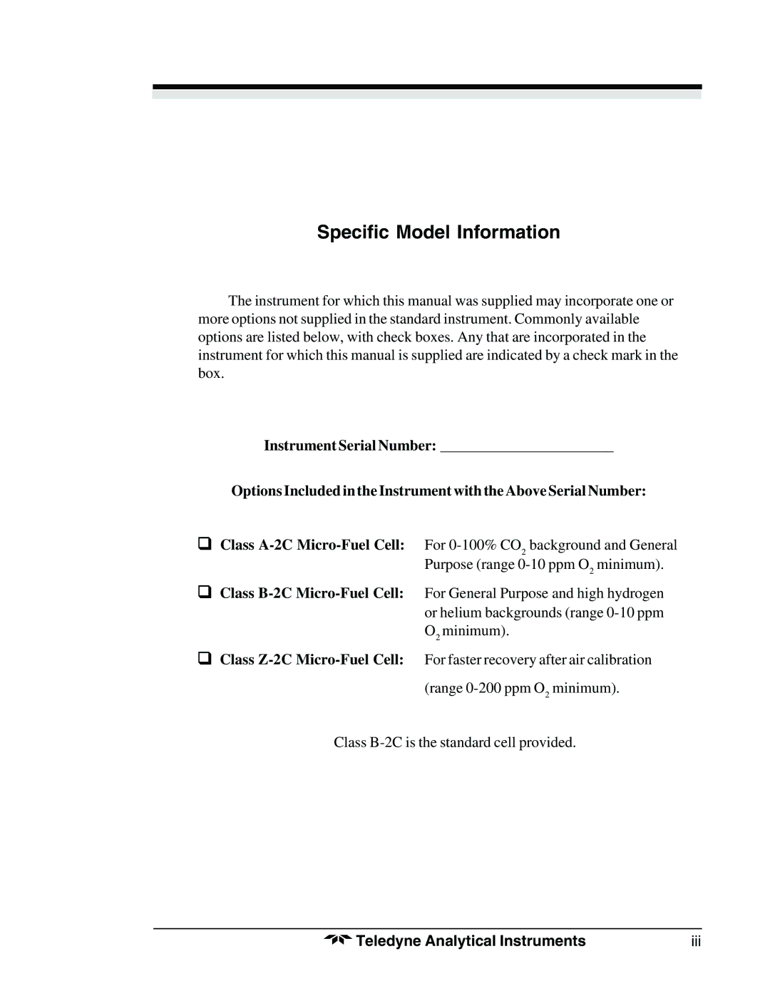 Teledyne 3190 manual Specific Model Information 