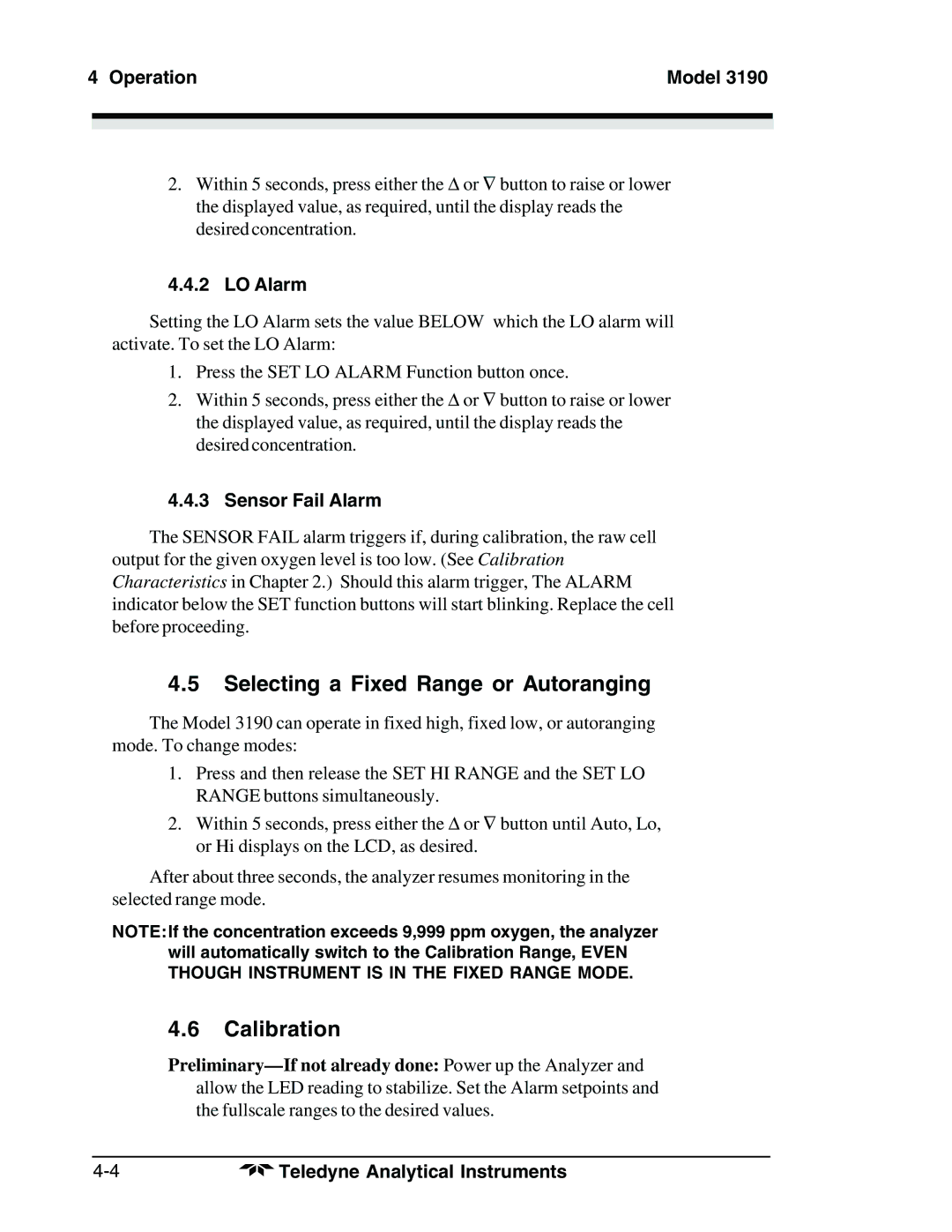 Teledyne 3190 manual Selecting a Fixed Range or Autoranging, Calibration, LO Alarm, Sensor Fail Alarm 