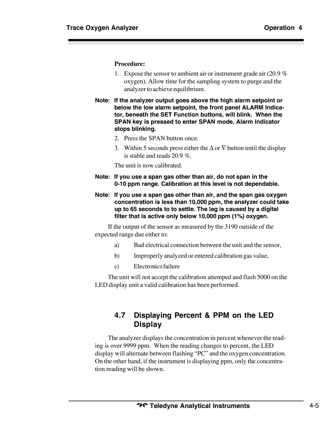 Teledyne 3190 manual Displaying Percent & PPM on the LED Display, Procedure 