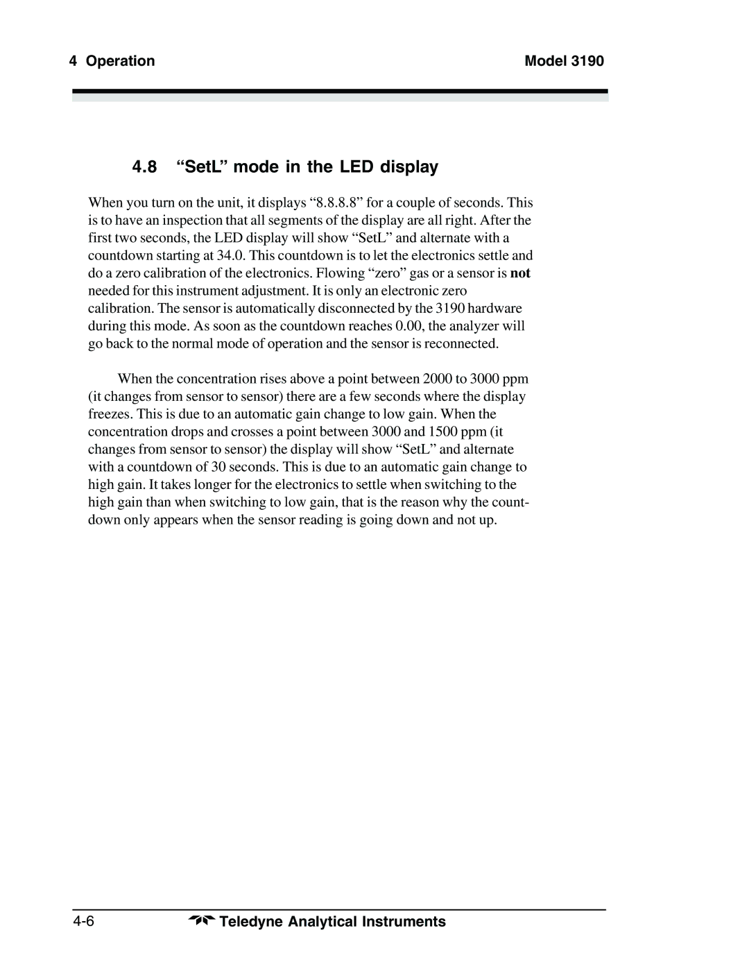 Teledyne 3190 manual SetL mode in the LED display 