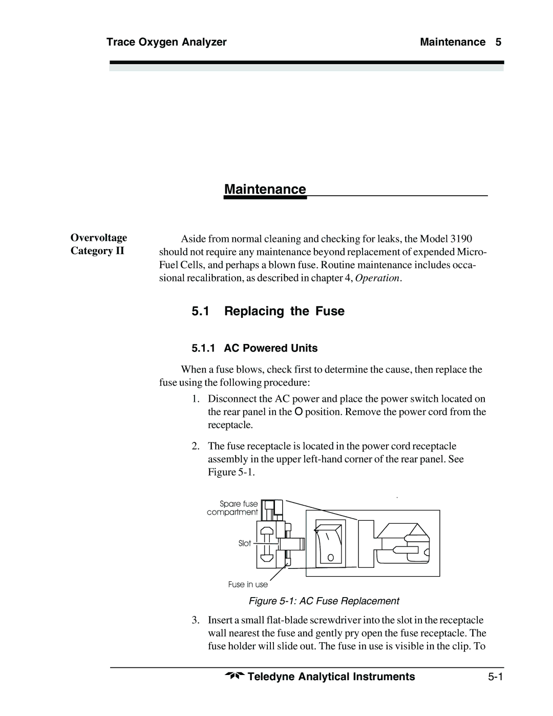 Teledyne 3190 manual Replacing the Fuse, Trace Oxygen Analyzer Maintenance, Overvoltage Category, AC Powered Units 