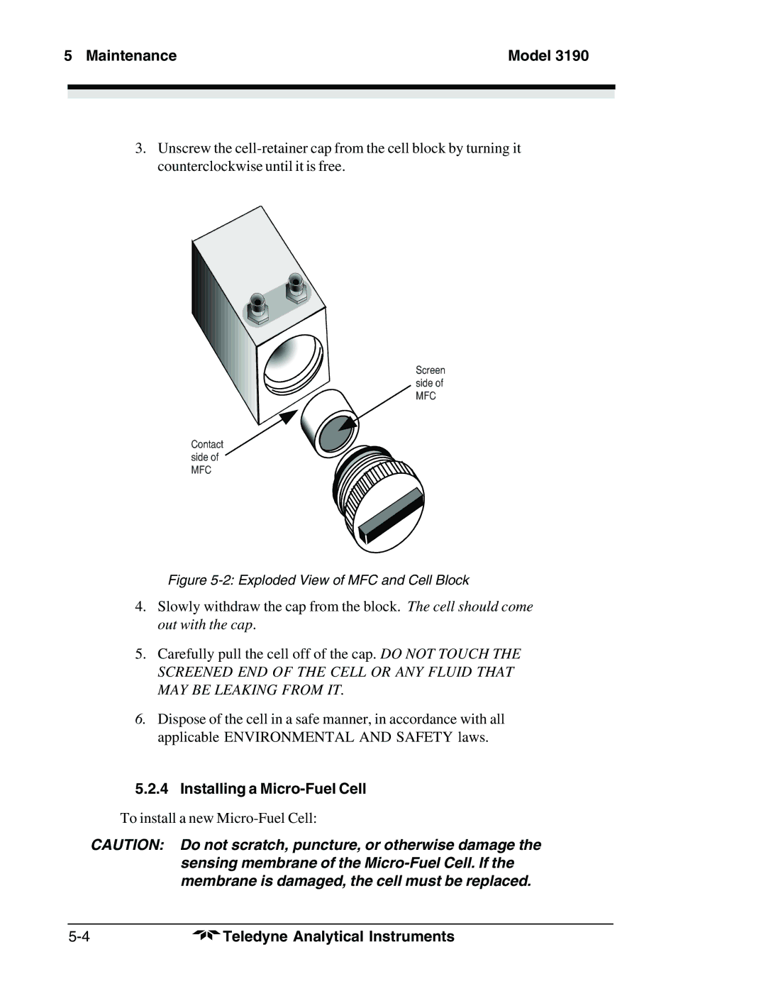 Teledyne 3190 manual Installing a Micro-Fuel Cell, Exploded View of MFC and Cell Block 