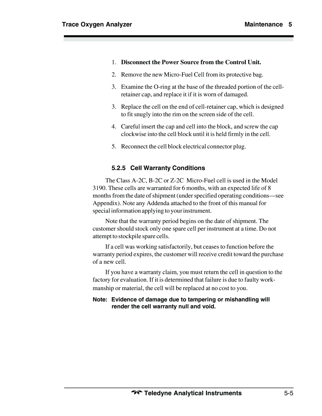 Teledyne 3190 manual Disconnect the Power Source from the Control Unit, Cell Warranty Conditions 