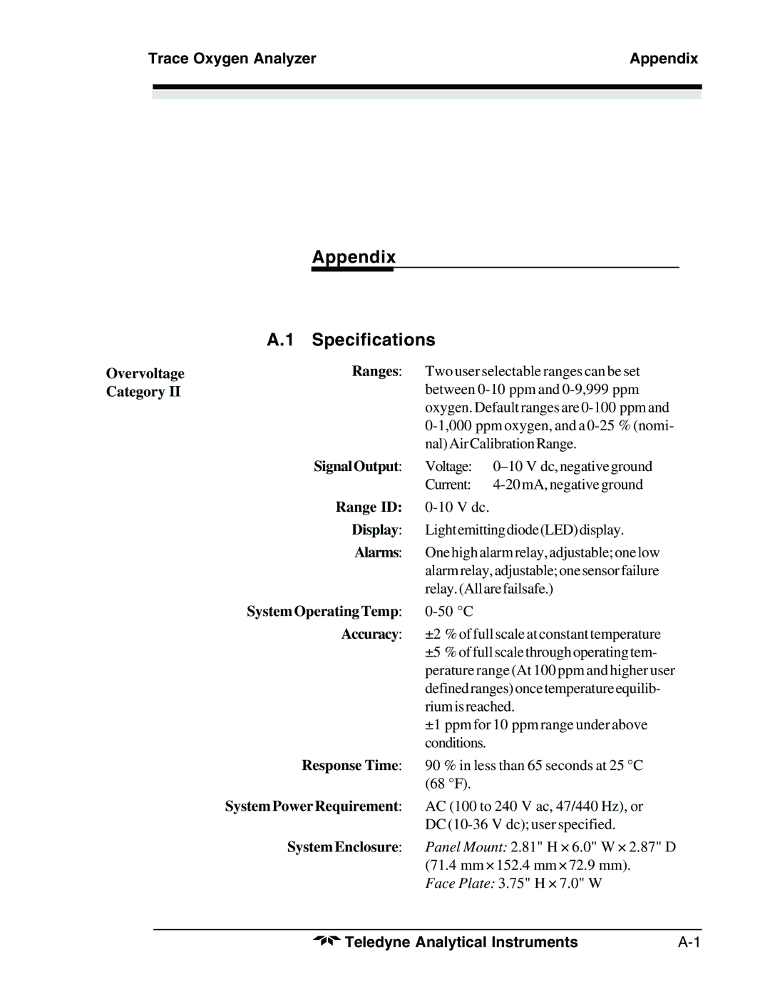 Teledyne 3190 manual Appendix Specifications, Trace Oxygen Analyzer Appendix 