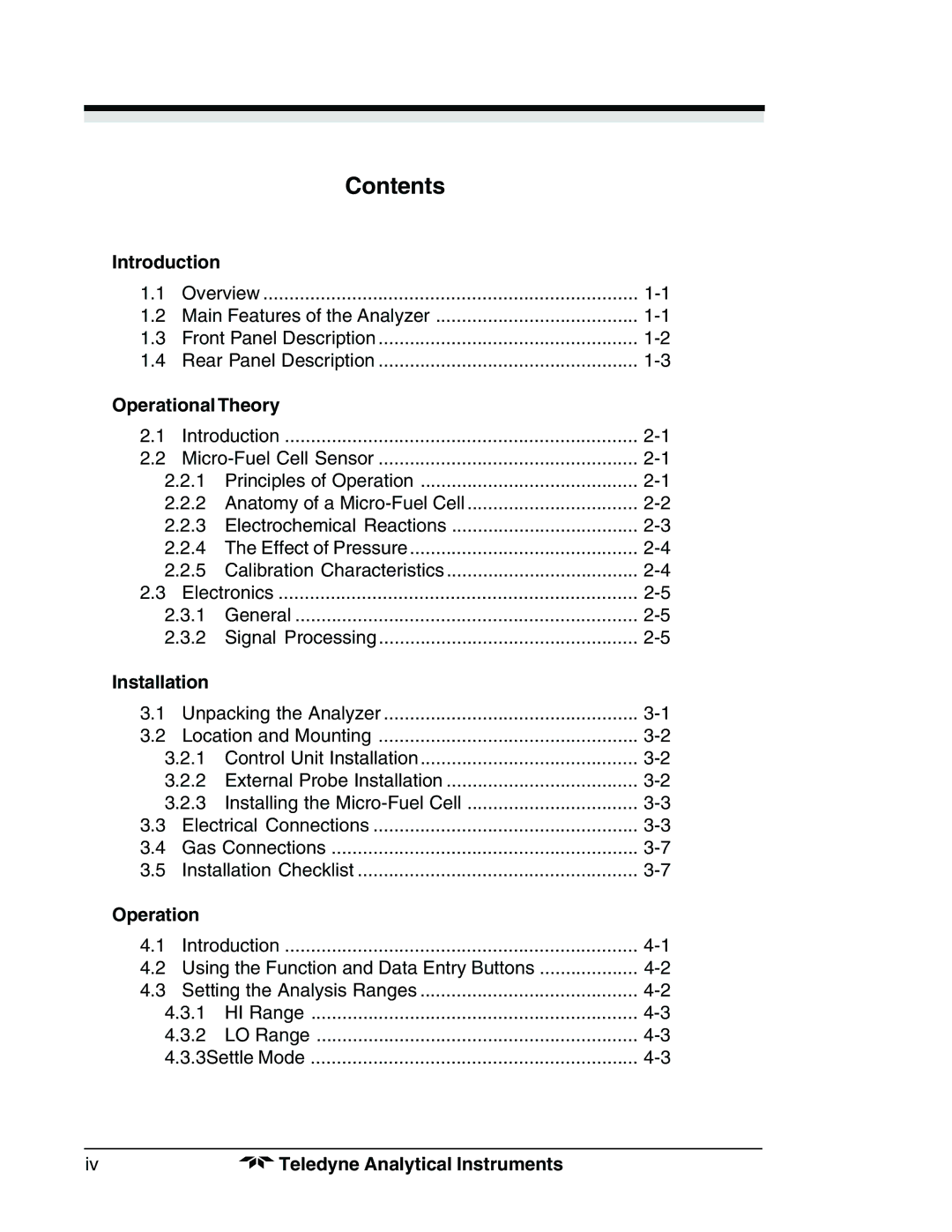 Teledyne 3190 manual Contents 