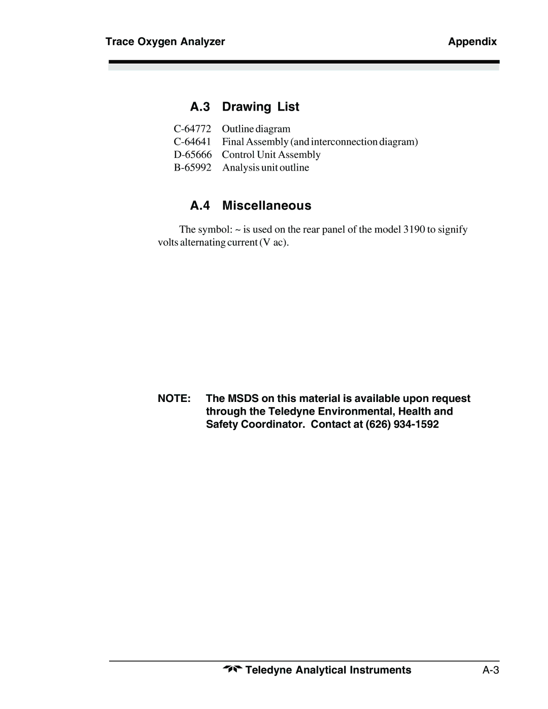 Teledyne 3190 manual Drawing List, Miscellaneous 