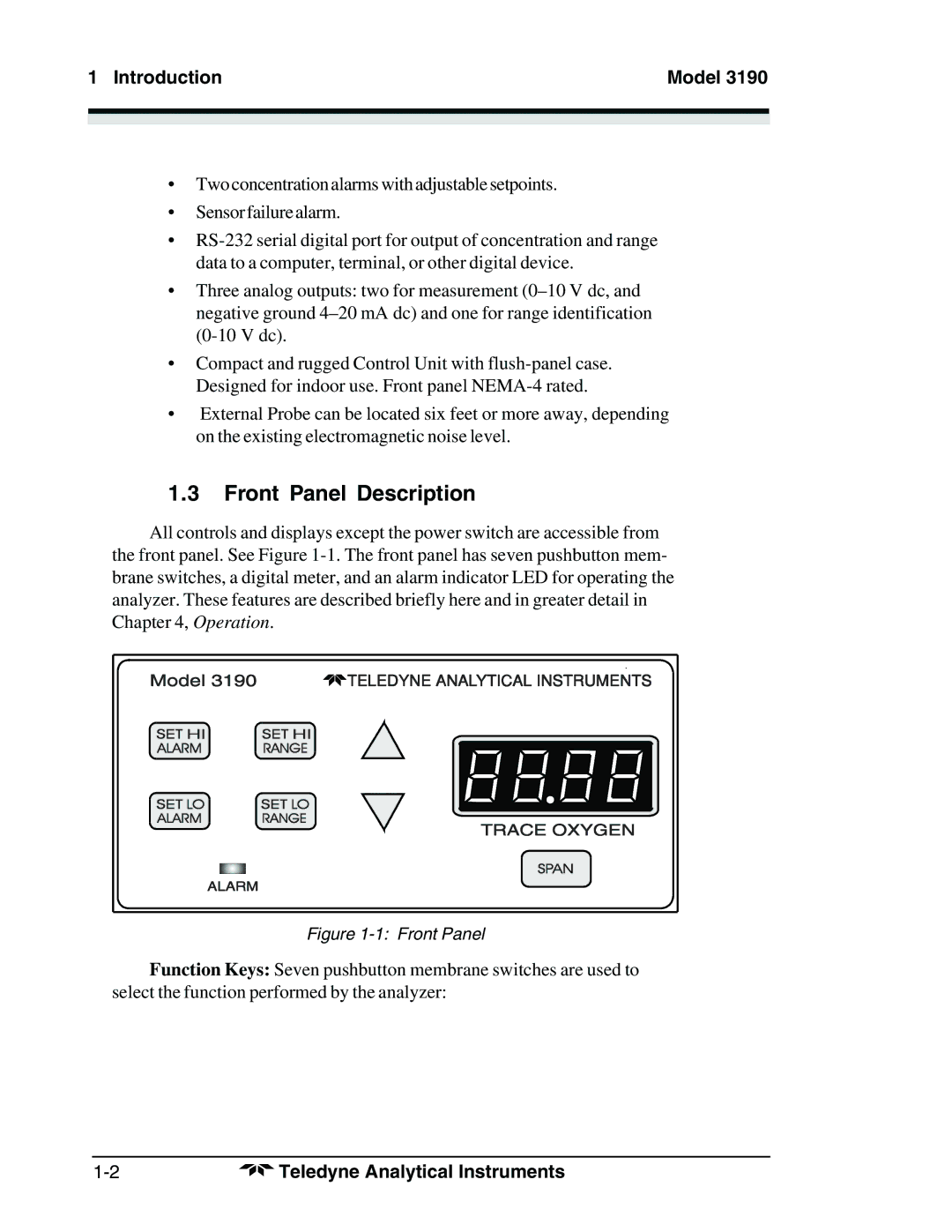 Teledyne 3190 manual Front Panel Description, Introduction Model 