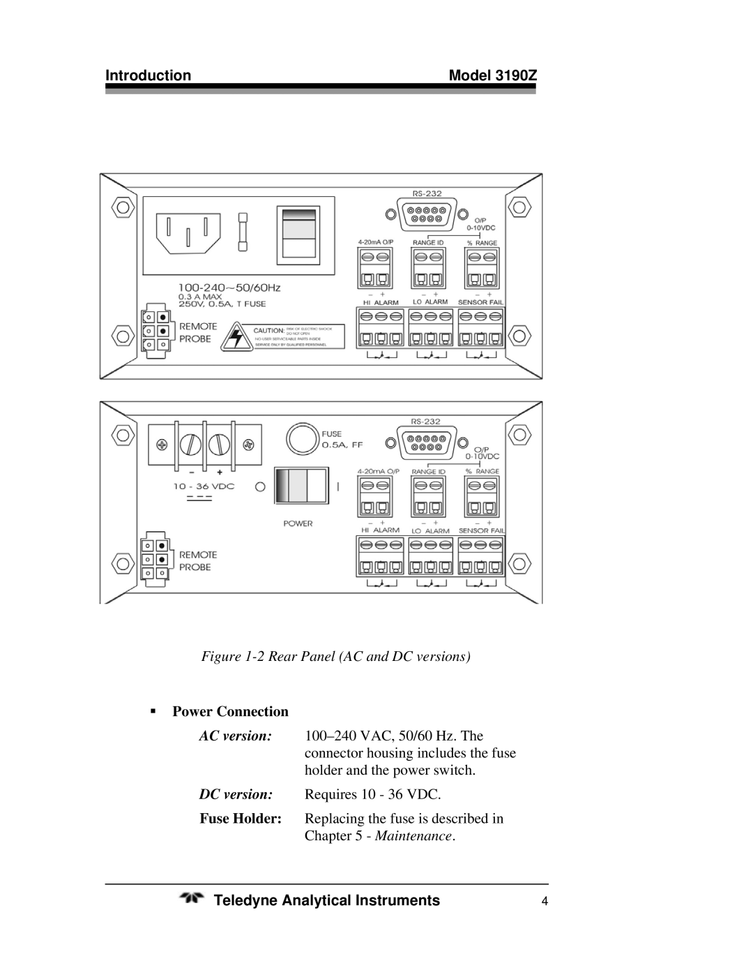 Teledyne 3190Z operating instructions Rear Panel AC and DC versions, ƒ Power Connection 