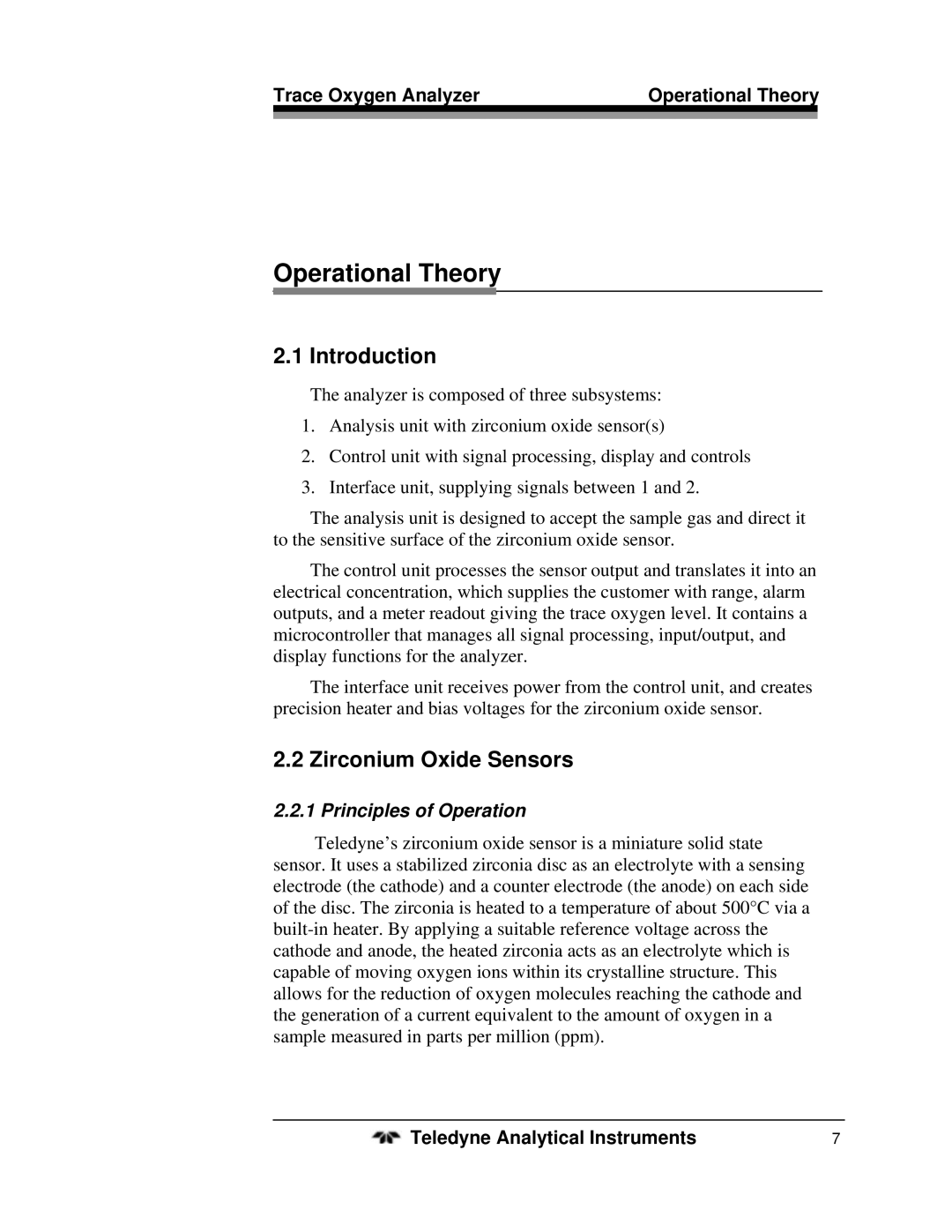 Teledyne 3190Z operating instructions Introduction, Zirconium Oxide Sensors, Trace Oxygen Analyzer Operational Theory 