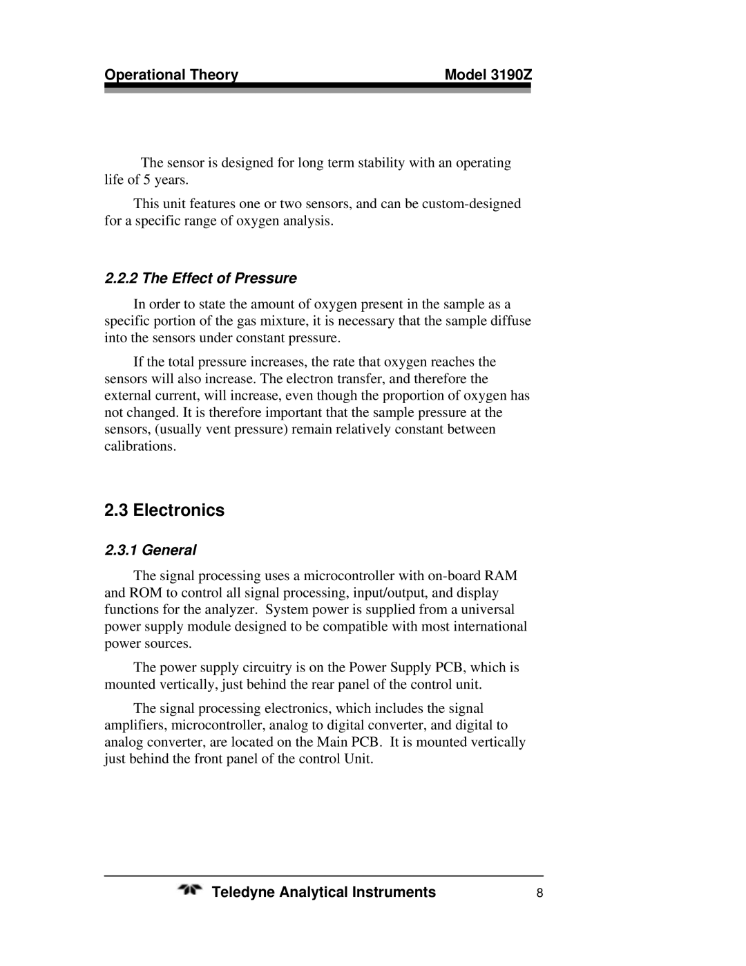 Teledyne operating instructions Electronics, Operational Theory Model 3190Z, Effect of Pressure, General 