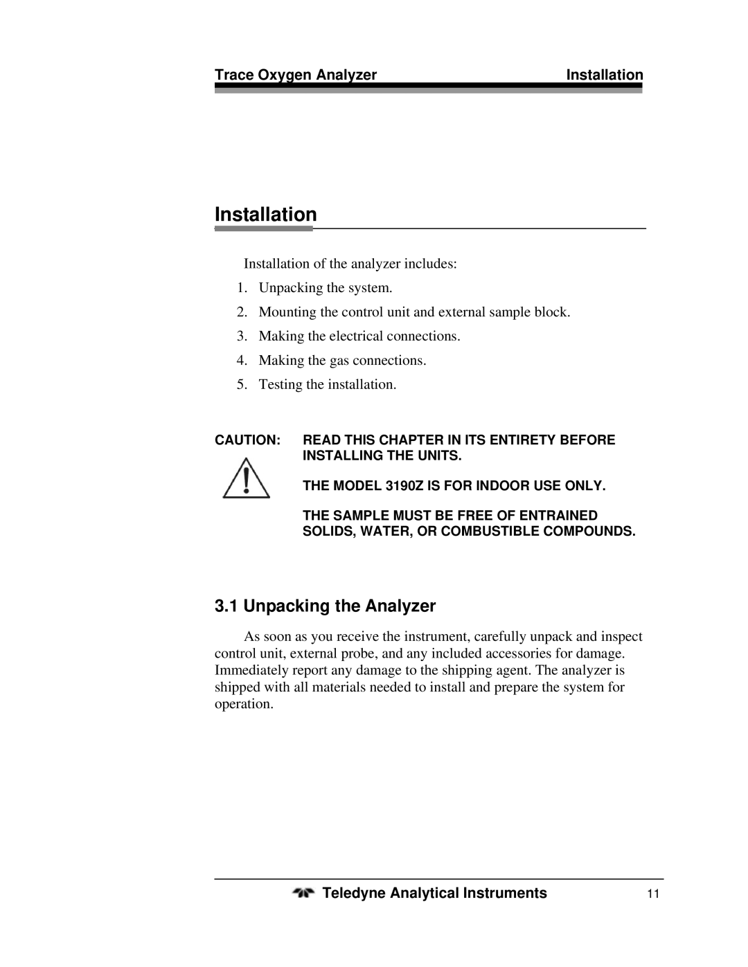 Teledyne 3190Z operating instructions Unpacking the Analyzer, Trace Oxygen Analyzer Installation 