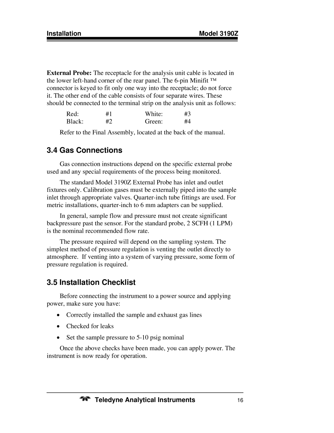 Teledyne 3190Z operating instructions Gas Connections, Installation Checklist 