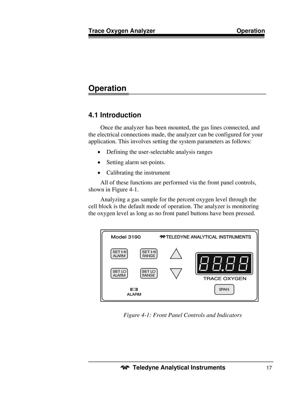 Teledyne 3190Z operating instructions Trace Oxygen Analyzer Operation 