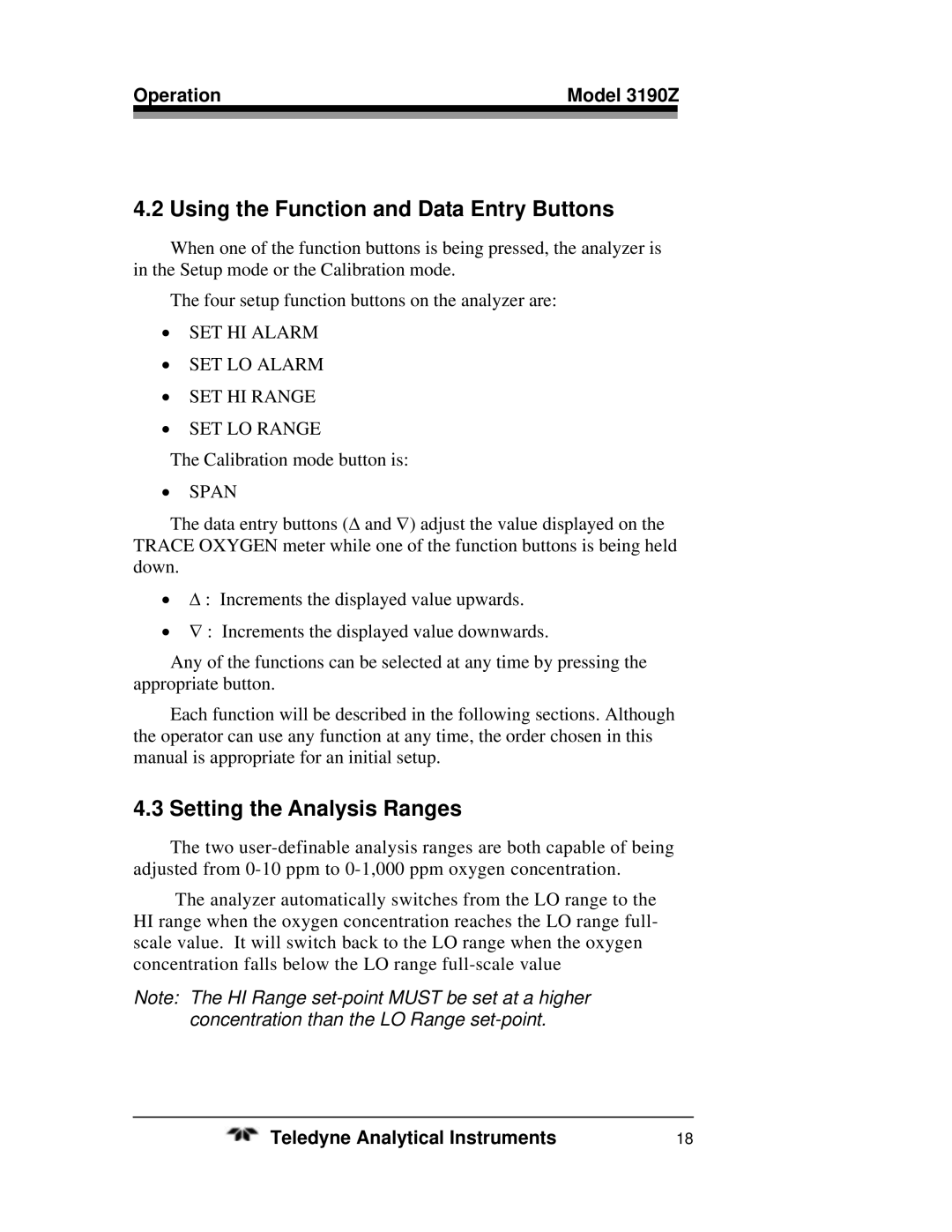 Teledyne Using the Function and Data Entry Buttons, Setting the Analysis Ranges, Operation Model 3190Z 