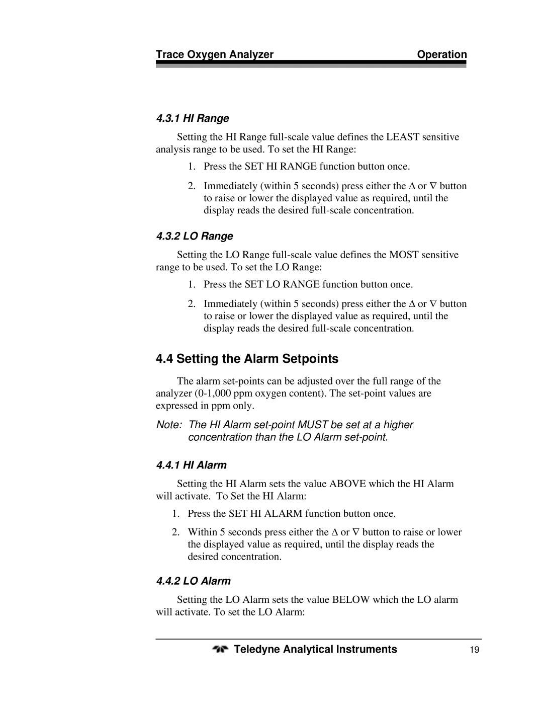 Teledyne 3190Z operating instructions Setting the Alarm Setpoints, HI Range, LO Range, HI Alarm, LO Alarm 