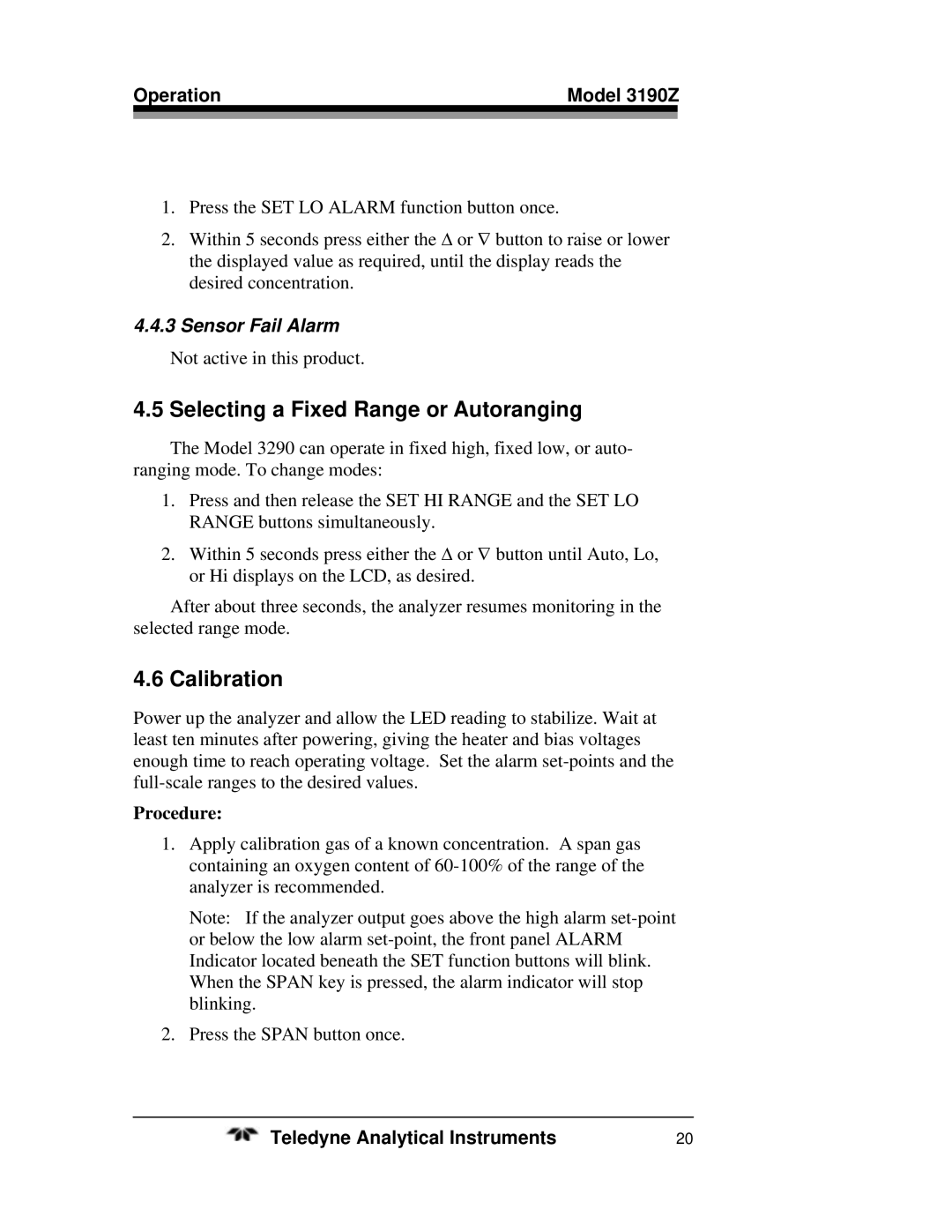 Teledyne 3190Z operating instructions Selecting a Fixed Range or Autoranging, Calibration, Sensor Fail Alarm, Procedure 