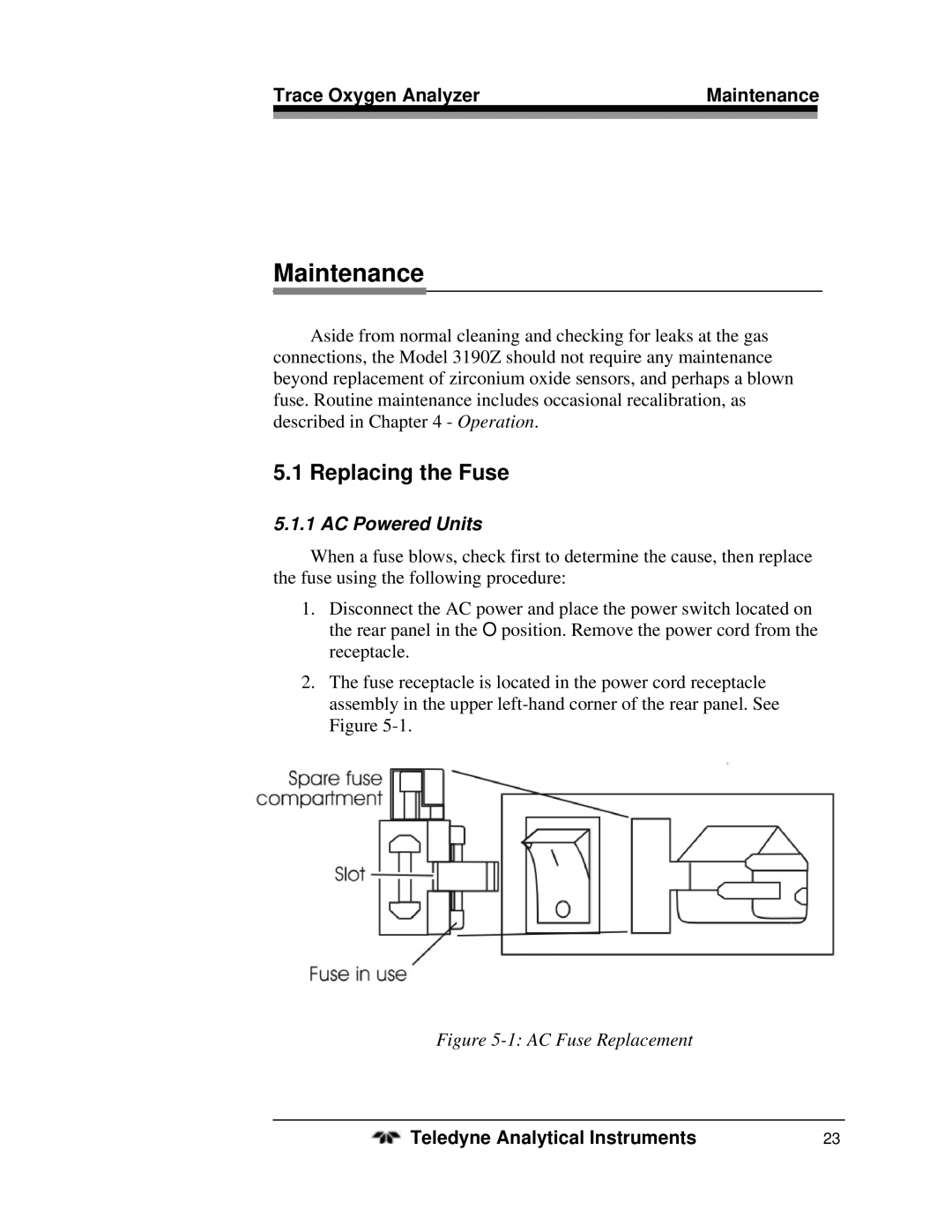 Teledyne 3190Z operating instructions Replacing the Fuse, Trace Oxygen Analyzer Maintenance, AC Powered Units 