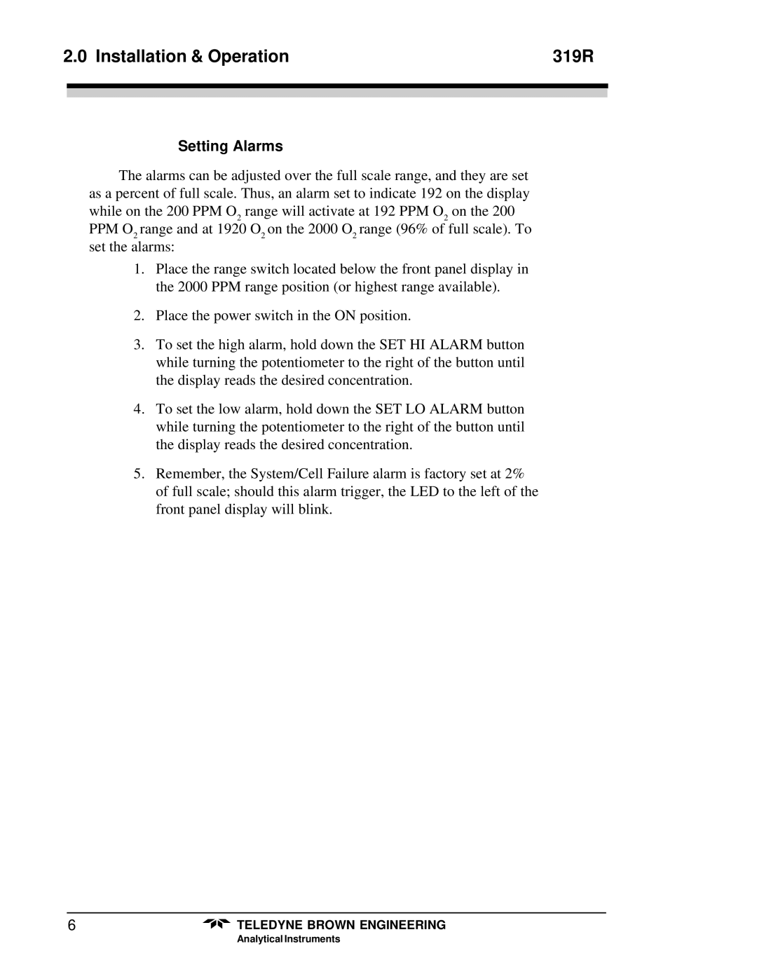 Teledyne 319R instruction manual Setting Alarms 