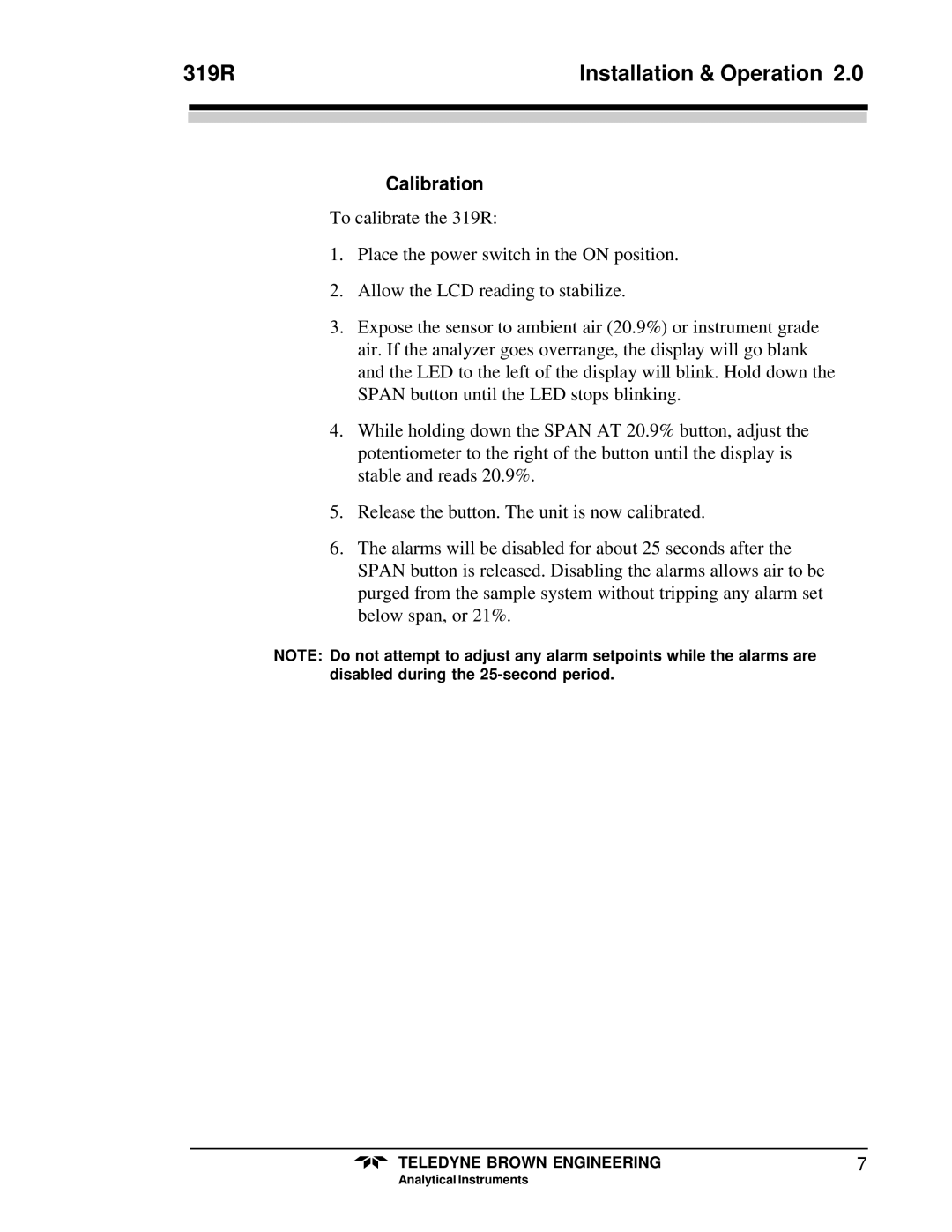 Teledyne 319R instruction manual Calibration 