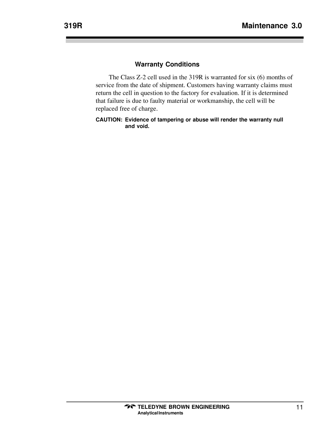 Teledyne 319R instruction manual Warranty Conditions 